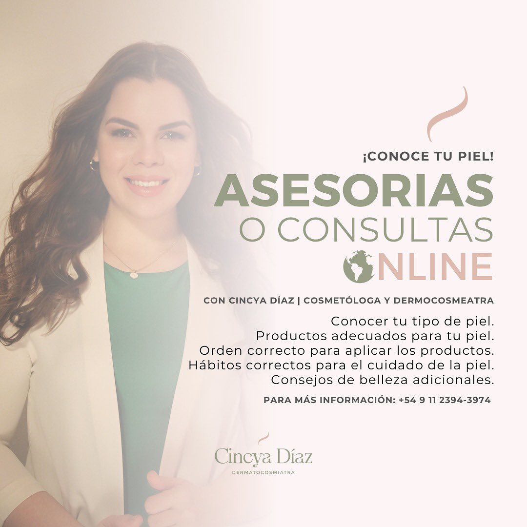 Flyer de Asesorías o consultas online con Cincya Díaz, cosmetóloga y dermocosmeatra